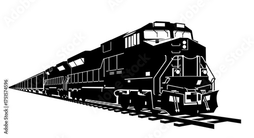 Powerful and linear silhouette of a long and heavy freight train transporting commercial goods on a railway
