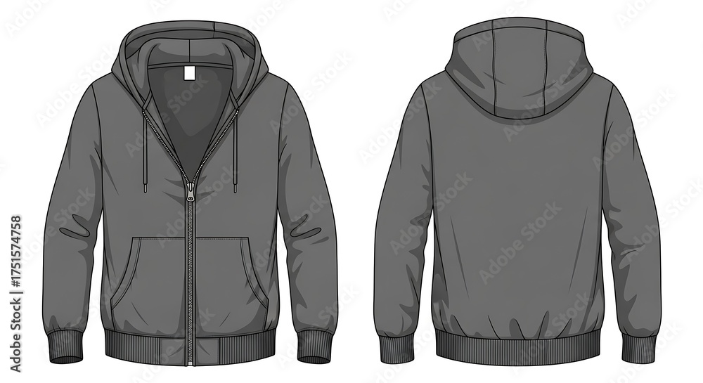 Naklejka premium Front and back view of a grey zipup hoodie with drawstring, isolated on white background