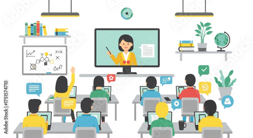 Online education concept showing a teacher on a computer screen teaching a class of students, modern learning methods