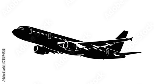 Precision engineered silhouette of a large commercial passenger jet airplane flying through the sky at altitude
