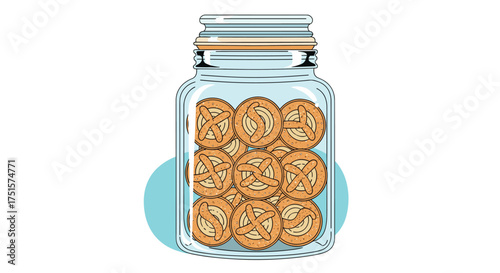 A glass jar filled with many golden brown pretzel snacks.