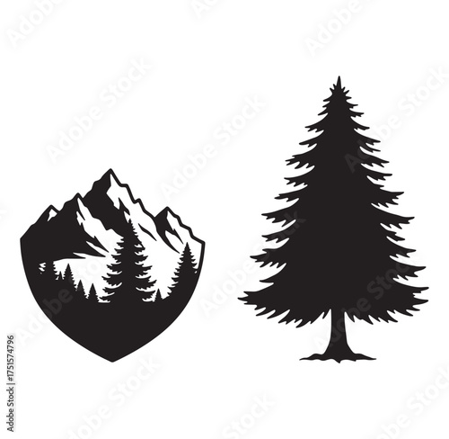 Vector illustration of mountain landscape and pine tree silhouette on a white background