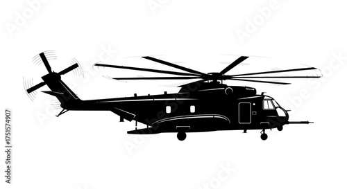 Mechanical silhouette of a robust cargo helicopter hovering during a heavy-lift air transport operation