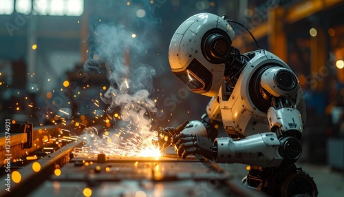 Humanoid Robot Welding Sparks Industrial Manufacturing Scene