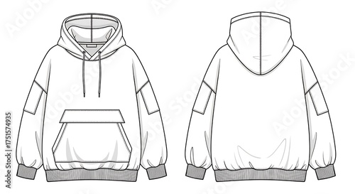 Fashion sketch of a white oversized hoodie with pocket and hood