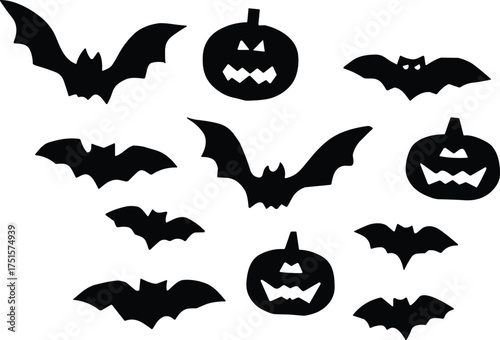 Set of black Halloween silhouette icons featuring flying bats and jack-o'-lanterns with carved faces for spooky festive design