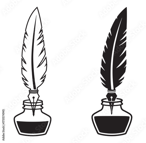 Vector illustration of two stylized inkwells with feather pens in black and white
