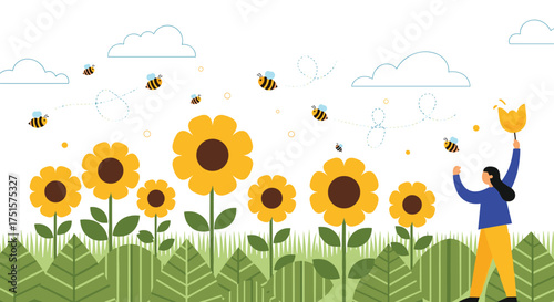 A person in a field of sunflowers holding a bee balloon and surrounded by bees.
