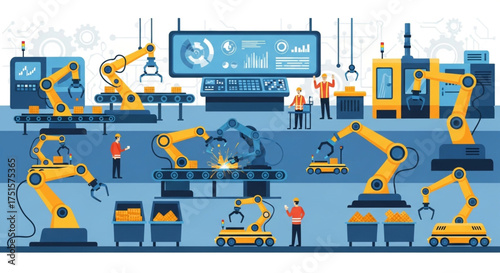 Automated factory floor with robotic arms performing various tasks, showcasing the efficiency and precision of modern industrial manufacturing process