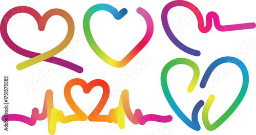 Vibrant rainbow colored heart shapes and ekg line designs isolated on white background for love and health concepts