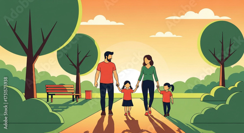 Happy family walking together in a park with trees and a bench creates a warm and inviting scene of love, togetherness, and outdoor enjoyment