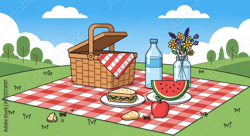 A delightful picnic scene unfolds on a checkered blanket, with a wicker basket, refreshing drinks, and tasty treats amidst a lush green landscape