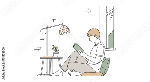 A serene scene of a person reading by a lamp near a window, , creating a cozy and peaceful atmosphere