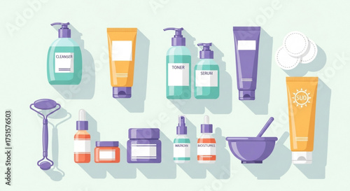 A delightful array of skincare products, including lotions, creams, and serums, are beautifully arranged on a soft green background, creating a spalike atmosphere