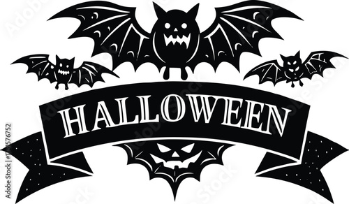 Halloween vector art of halloween themed illustration showcasing a grinning pumpkin, a spider, and a larger spider, all above a banner with the word halloween in a dripping font	