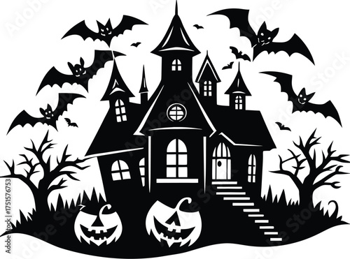 Halloween, vector illustration vector art of a spooky haunted house silhouette with bats flying around, perfect for halloween themed designs and decorations	