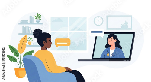Woman is having a video call with her doctor, discussing health concerns and receiving medical advice, vector illustration