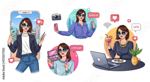 Set of social media influencer avatars the avatars are wearing sunglasses and using various devices and platforms