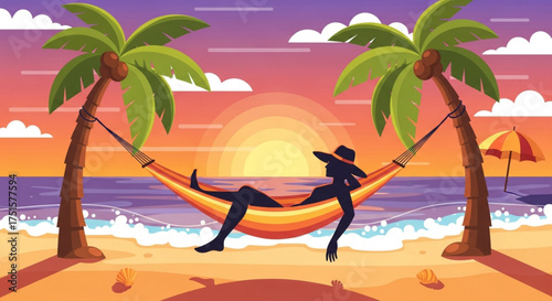 A woman relaxes in a hammock between palm trees on a tropical beach at sunset, enjoying the peace and beauty of a summer vacation