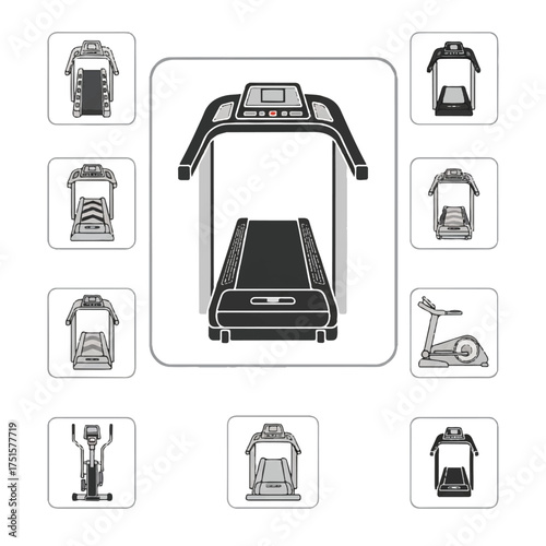 Treadmill and elliptical machines displayed in a grid pattern on white, showcasing fitness equipment options for home gyms and exercise routines.