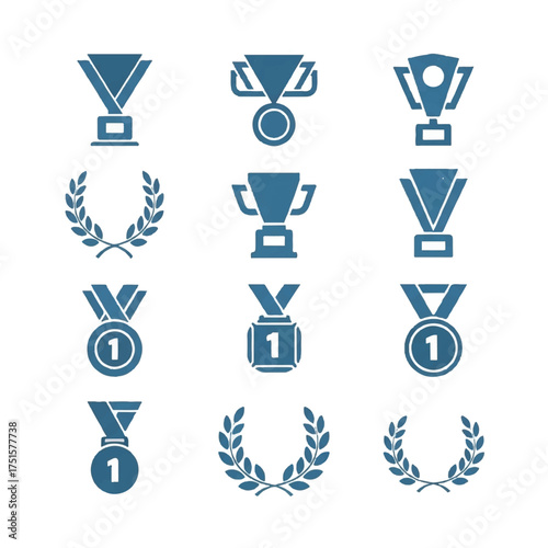 Collection of blue trophy and medal symbols representing achievement and success in a minimalist style, conveying a sense of honor and recognition.