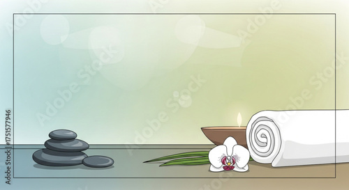 A serene spa scene with stacked stones, a rolled towel, and an orchid blossom against a soft, blurred background, creating a calming and relaxing atmosphere
