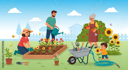A multigenerational family gardening together, watering flowers, harvesting vegetables, and enjoying the outdoors in a lush garden setting under a blue sky