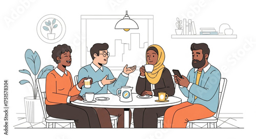 Diverse friends enjoy coffee together at a cafe, chatting and connecting in a cozy setting modern lifestyle and friendship concept