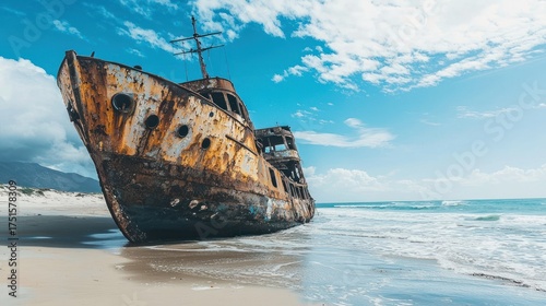 Fototapeta Naklejka Na Ścianę i Meble -  An old, rusted shipwreck on a beach with a blue sky and white clouds.