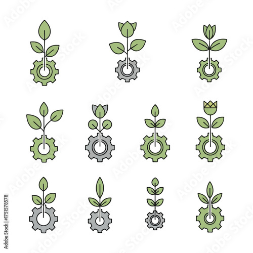 Green sprouts emerge from gears, symbolizing technological growth and environmental consciousness in a sustainable future.