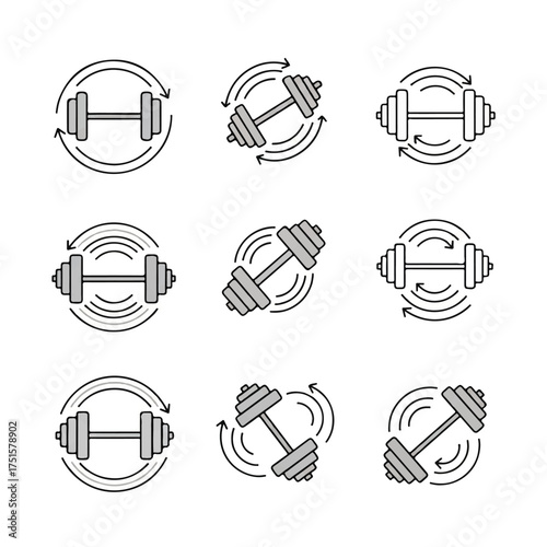 Dumbbell rotates with arrows in a circular motion representing fitness and exercise, showcasing strength and determination in a minimalist style.