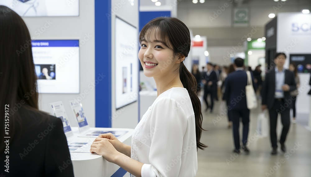 Fototapeta premium 展示会場で来場者と話す笑顔の女性スタッフ