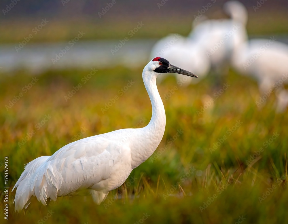 Obraz premium White bird with a black head in a field with other birds