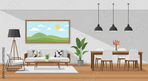Bright and airy living room with modern furniture, a painting of a landscape, and a dining table