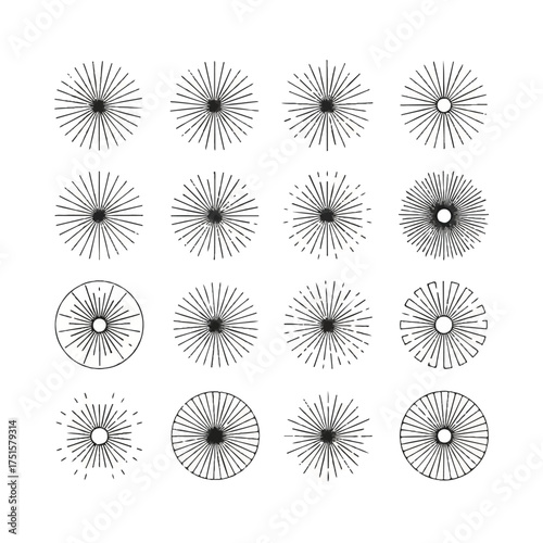 Collection of sunburst shapes radiates outward on white, creating vintage and retro style elements for creative projects, adding a touch of nostalgia and energy.