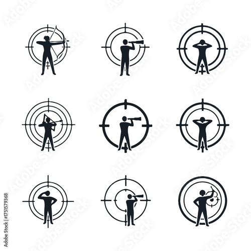 Silhouetted figures stand within crosshairs, representing diverse professions and aiming for success in a minimalist, modern style.
