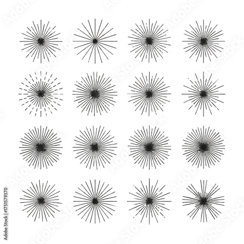 Sunburst shapes radiating light in a geometric pattern, creating a vintage and retro feel. showing amazing visual quality and appeal.