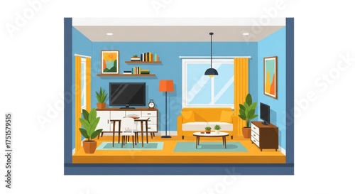 Cozy living room interior with blue walls, yellow accents, and modern furniture