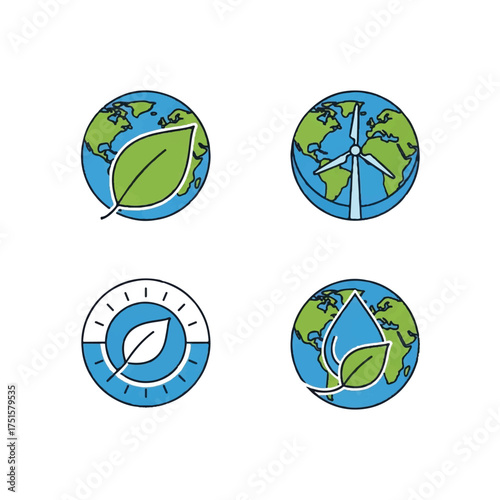 Earth globe symbols representing green energy and environmental conservation, promoting sustainability and ecofriendly practices in a modern, clean style.