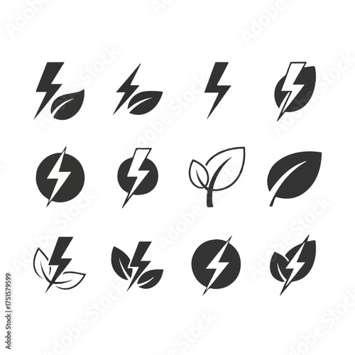 Lightning bolts and leaves represent renewable energy sources in a clean, modern style, symbolizing sustainability and ecofriendliness.