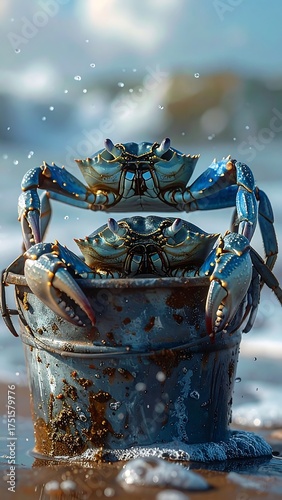 Two blue crabs sit atop a metal bucket on a sandy beach