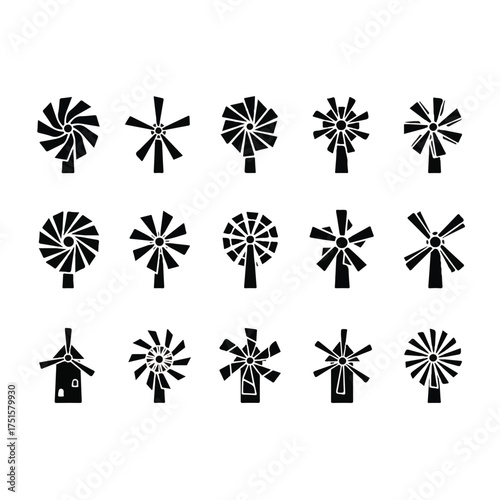 Collection of windmill silhouettes rotating against a white backdrop, showcasing renewable energy and sustainable technology in a minimalist style.