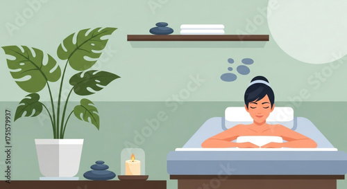 Woman relaxing in spa salon, enjoying massage and aromatherapy, wellness and beauty treatment, peaceful atmosphere, relaxation and rejuvenation