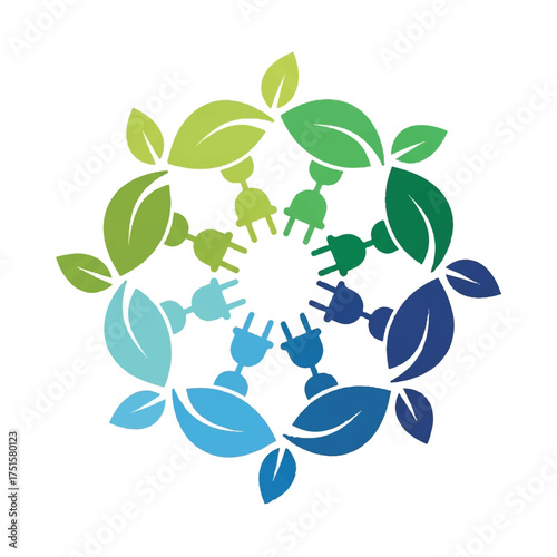 Green energy logo displays leaves and electrical plugs in circular pattern representing sustainable power solutions for ecofriendly future.