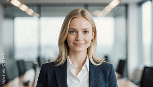 A confident woman stands in a well-lit modern office, wearing a dark blazer and smiling. The large windows showcase a city view, creating a professional atmosphere