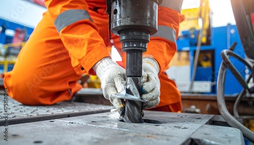 Worker in orange uniform uses a power tool to install a metal component