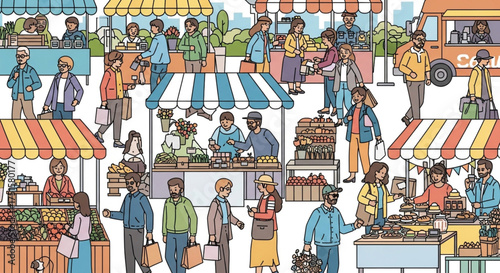 A bustling farmers market scene with people browsing stalls, buying produce, and enjoying the community atmosphere in a vibrant outdoor setting