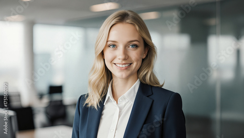 A young woman dressed in a dark suit stands in a contemporary office space, smiling warmly at the camera. Natural light fills the room, creating an inviting atmosphere