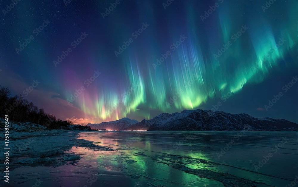 Naklejka premium Aurora borealis over frozen lake (1)