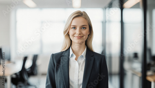 A woman stands confidently in a contemporary office setting, dressed in formal business attire. Bright natural light fills the space, highlighting her poised demeanor